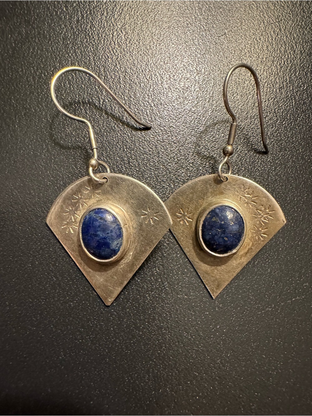 Sterling Silver Lapis Lazuli Hand Stamped Artisan Dangle Earrings 2”